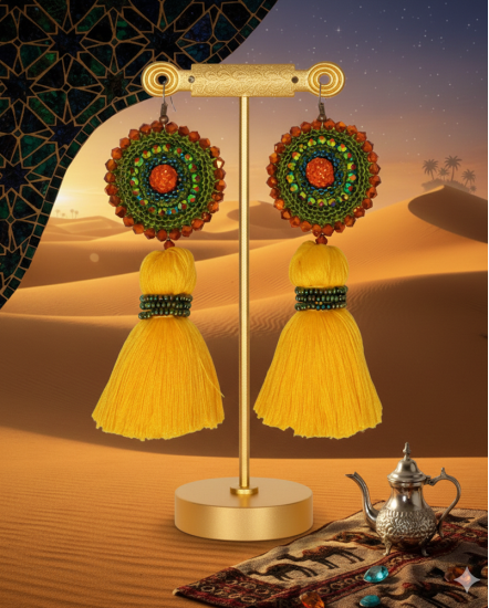 Háčkované  dizajnové náušnice "Púštne safari Dubaj"